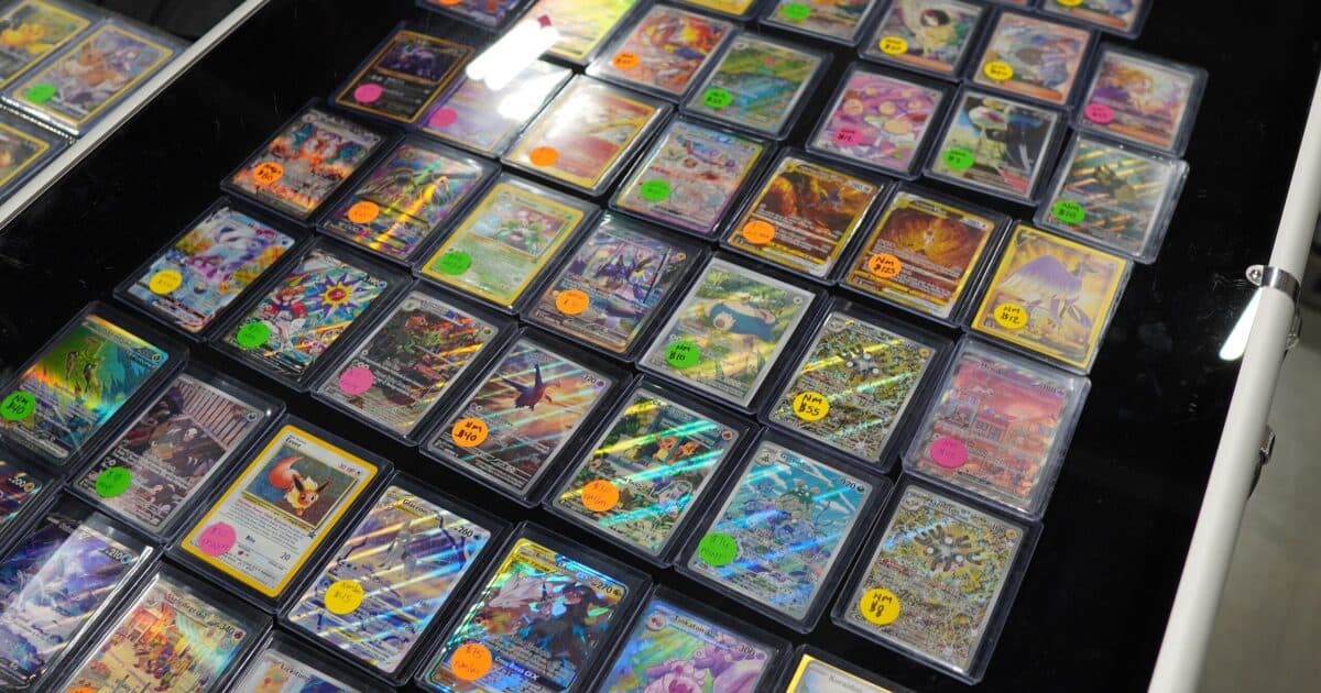 A vendor's display case packed with cards at a Cardarro show